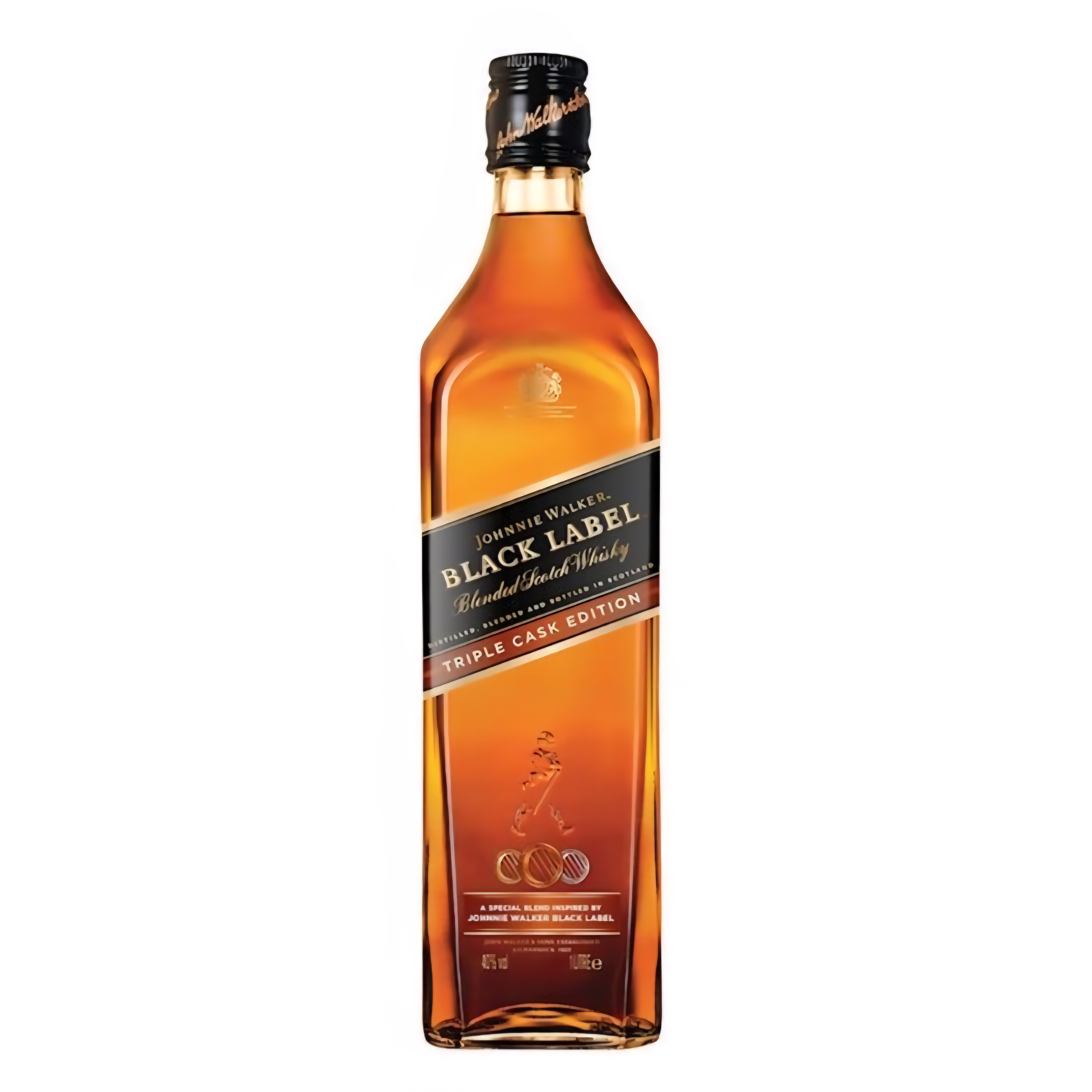 Johnnie Walker Black Label Triple Cask Edition bottle with golden highlights and travel retail packaging